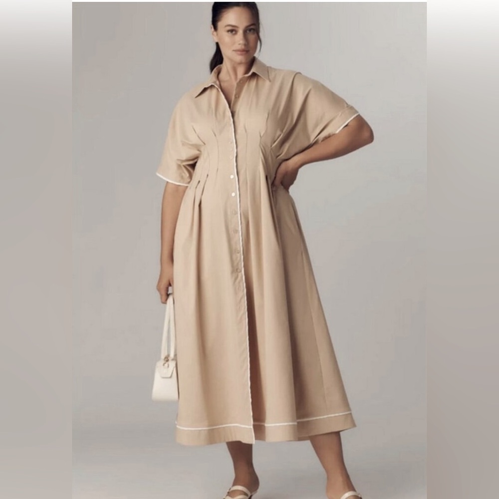 Anthropologie EXQUISE New Tobie Tan Pleated Shirtdress XL